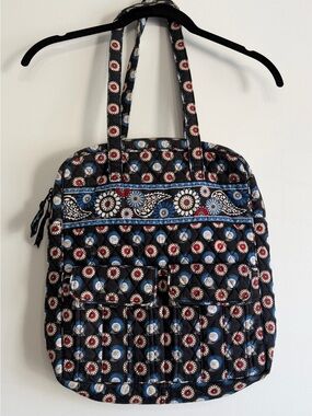 Vera Bradley Owl Floral Quilted Tote Bag Black Blue Shoulder Bag
